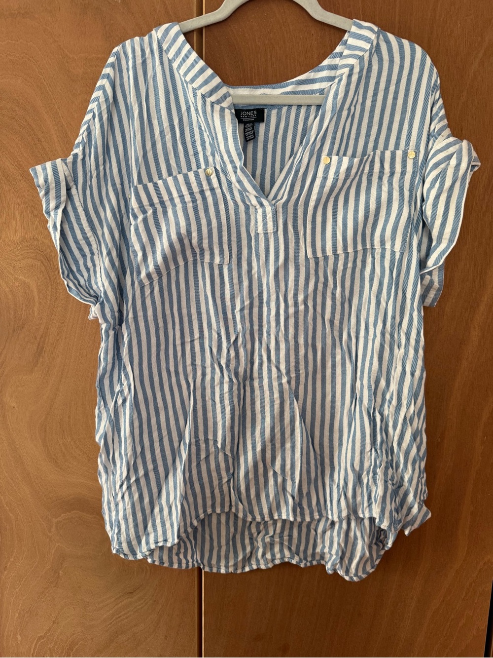 Jones New York Blue and White Striped V-Neck Pocket Tunic